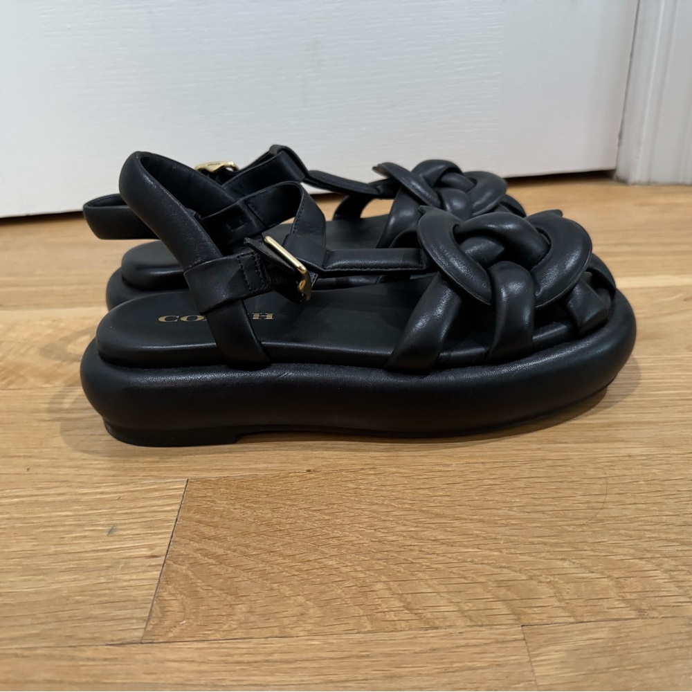 Coach Black Knotted Leather Sandal with Gold Buckle - Picture 3 of 5